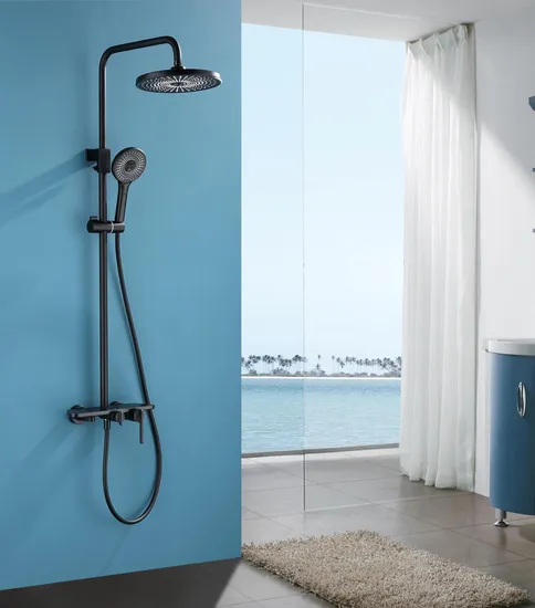 3 Way Exposed Brass Bathroom Bath Rain Shower System Faucet Mixer Shower Column Thermostatic Shower Set with Thermostat, Rainshower, Handshower, Spout, Shelf