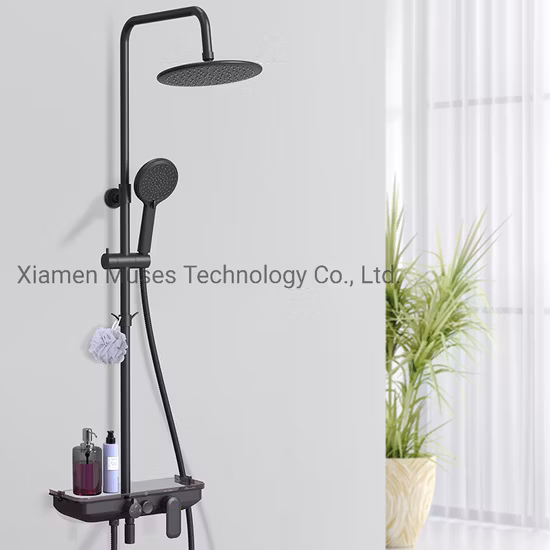 3 Way Exposed Brass Bathroom Bath Rain Shower System Faucet Mixer Shower Column Thermostatic Shower Set with Thermostat, Rainshower, Handshower, Spout, Shelf