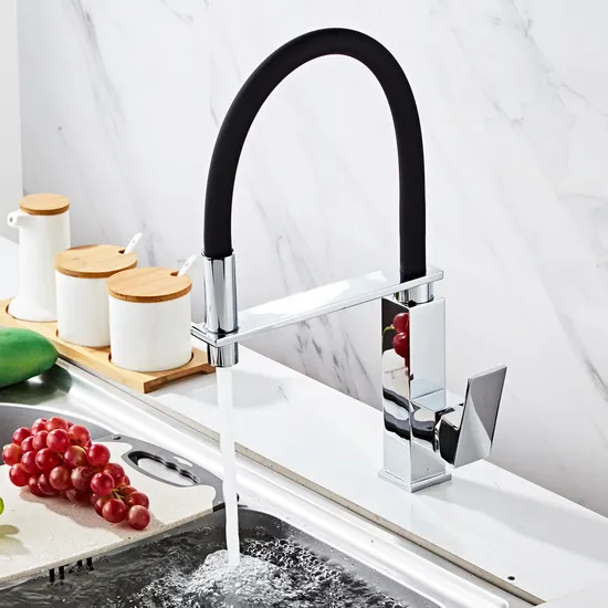 Chrome with Black Matte Pull Down Square Brass Kitchen Mixer Sink Faucet 