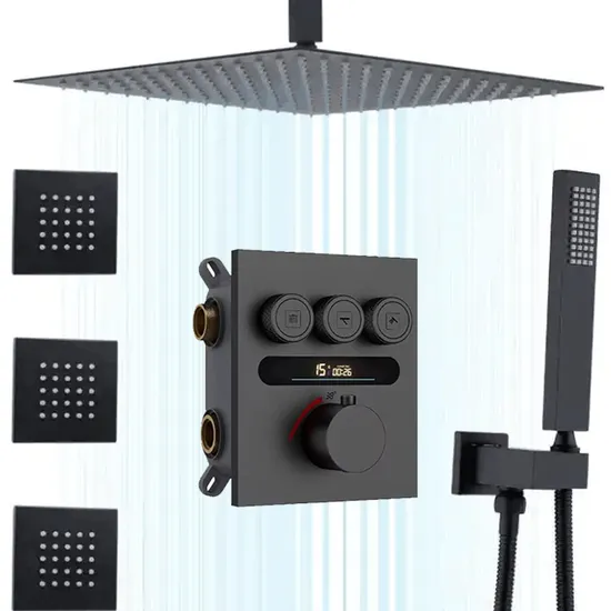 Matte Black Shower System Temperature Display Shower Faucet Set Thermostatic Full Body Rainfall Shower Jet System 