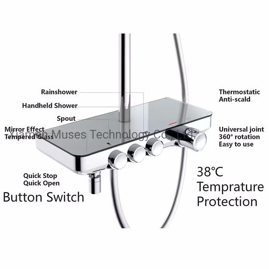 3 Way Exposed Brass Bathroom Bath Rain Shower System Faucet Mixer Shower Column Thermostatic Shower Set with Thermostat, Rainshower, Handshower, Spout, Shelf