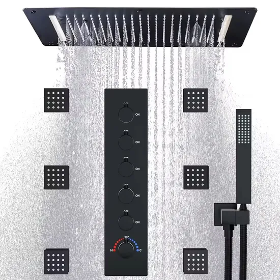 Thermostatic Shower System with Body Jets LED Shower System Black 14X20inch 3 Functions Shower Set Head 