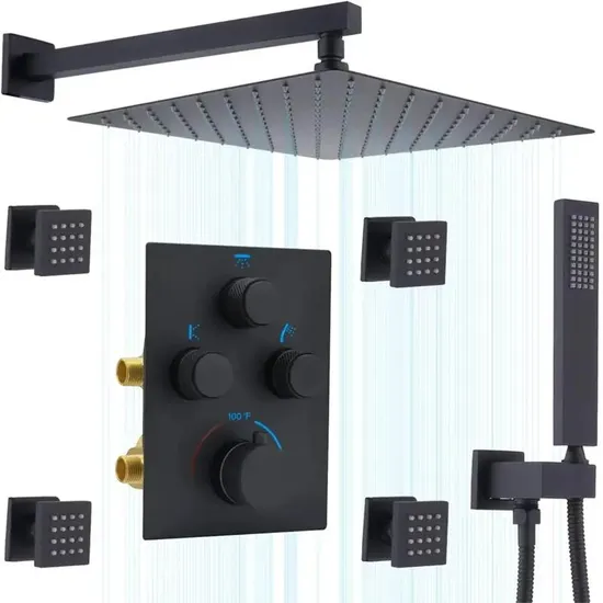 Full Body Shower System Thermostatic Brass Shower Faucet Set Chrome 12 Inch LED Ceiling Mount Rain Shower Head System Combo 