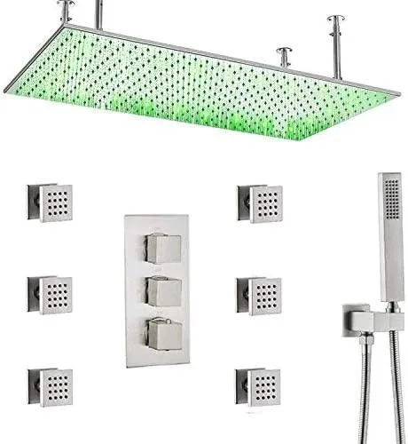 Shower System 20 Inch Large Ceiling LED Rain Shower Head System, Bathroom Brass Shower Fixture Set Thermostatic Mixer Valve Combo with Body Sprayer Jets 
